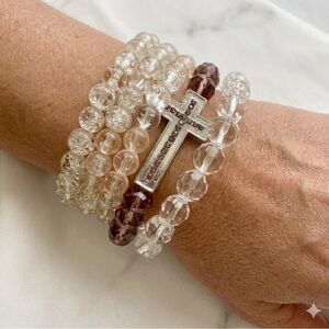 5 Pc Beaded Stretch Bracelet Set Faceted Crackle Glass Rhinestone Cross Handmade